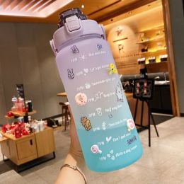 2 Liter Water Bottle With Straw Motivational Water Jug Plastic Frosted Bottles With Time Marker Outdoor Sports Water Bottles Cup - B-Purple Green