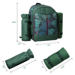 Picnic Backpack Set With Cutlery Kit Cooler Compartment Blanket For 4 Persons - Green